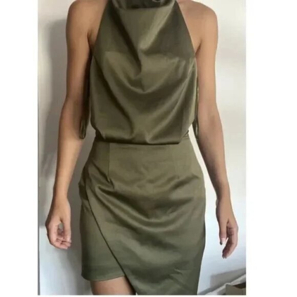 ELLIATT Camo Asymmetric Satin Cocktail Dress in Khaki Size X-Small - Picture 4 of 16